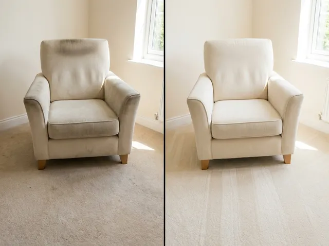 Cream armchair with dirty arms and headrest on the left, clean on the right