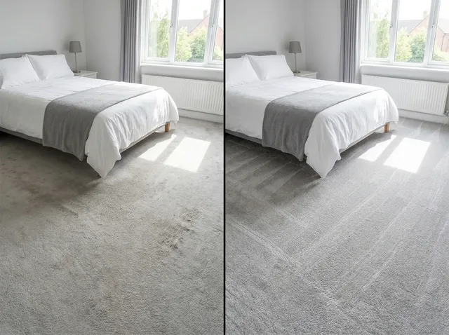Dull flattened grey bedroom carpet on the left, bright and lifted on the right