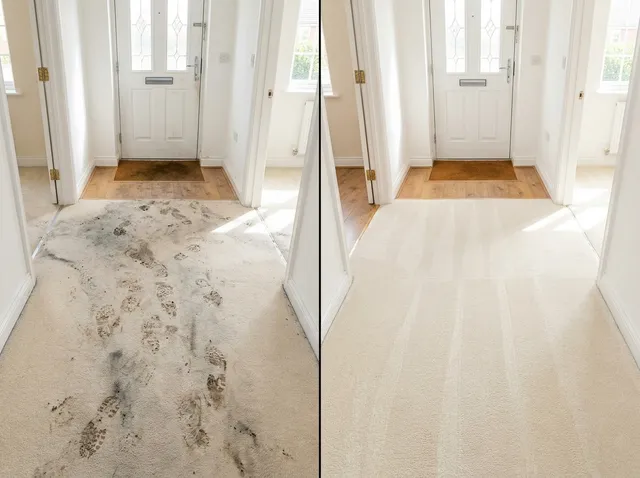 Cream hallway carpet with muddy footprints on the left, spotless on the right