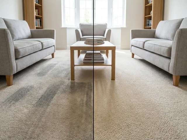 Lounge carpet with dark traffic lanes on the left, the same carpet clean on the right
