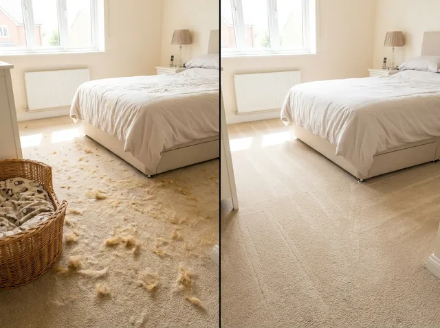 Dog hair worked into a beige carpet on the left, hair lifted out on the right