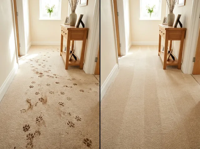 Muddy paw prints across a hallway carpet on the left, gone on the right