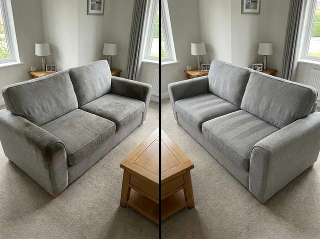 Soiled grey fabric sofa on the left, evenly clean on the right