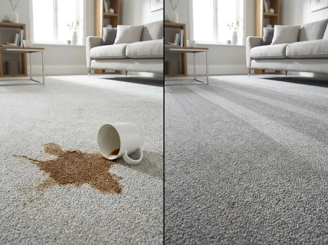 Coffee spilled on a grey carpet on the left, stain removed on the right