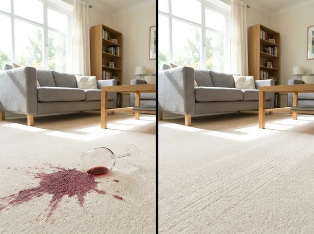 Red wine soaked into a cream carpet on the left, stain removed on the right