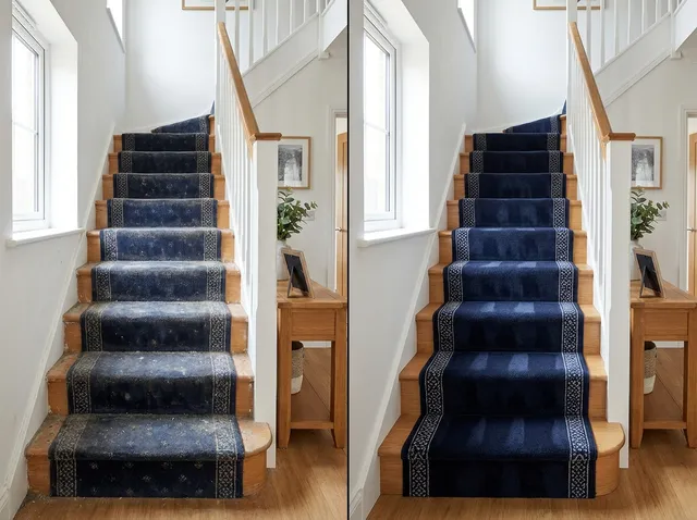 Worn grimy navy stair carpet on the left, deep colour restored on the right