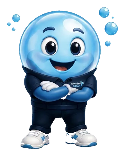 Wonder Clean mascot leaning on a carpet-cleaning wand