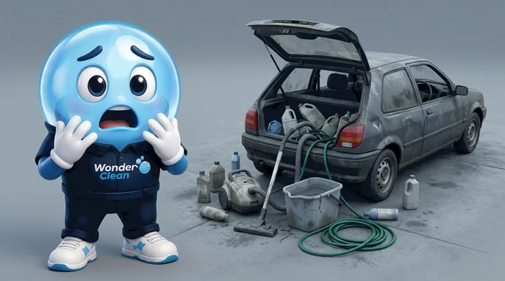 The Wonder Clean mascot looking shocked at a battered car with its boot open, a cheap household vacuum and a bucket of dirty water dumped on the driveway