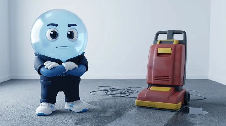 The Wonder Clean mascot standing with folded arms, looking unimpressed beside a clunky hire carpet machine on a soaking wet carpet