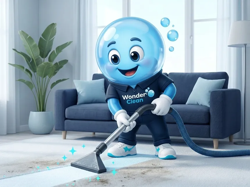 Wonder Clean mascot deep-cleaning a living-room carpet